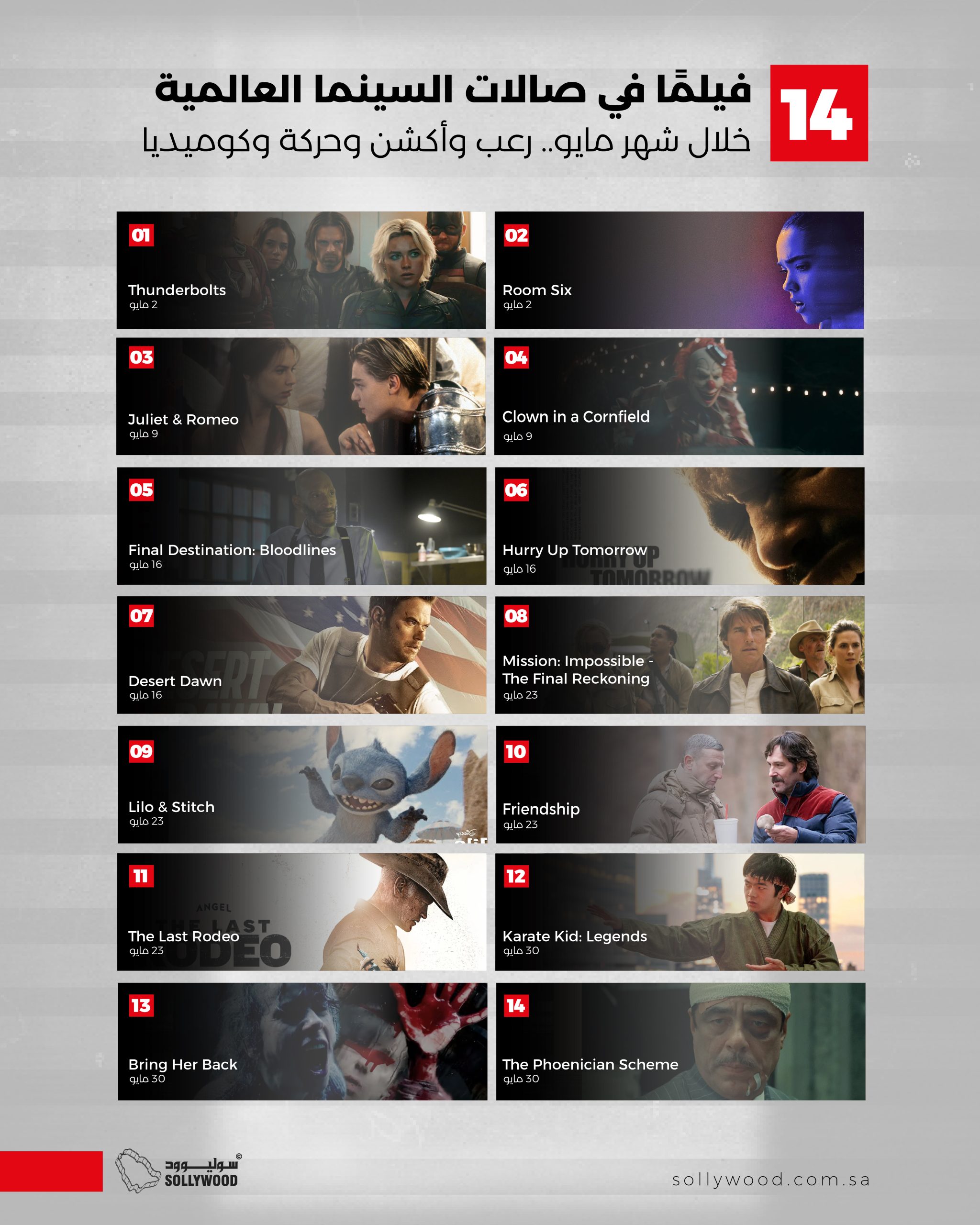 14 فيلمًا في صالات السينما العالمية خلال شهر مايو.. رعب وأكشن وحركة وكوميديا 14 فيلمًا في صالات السينما العالمية خلال شهر مايو.. رعب وأكشن وحركة وكوميديا