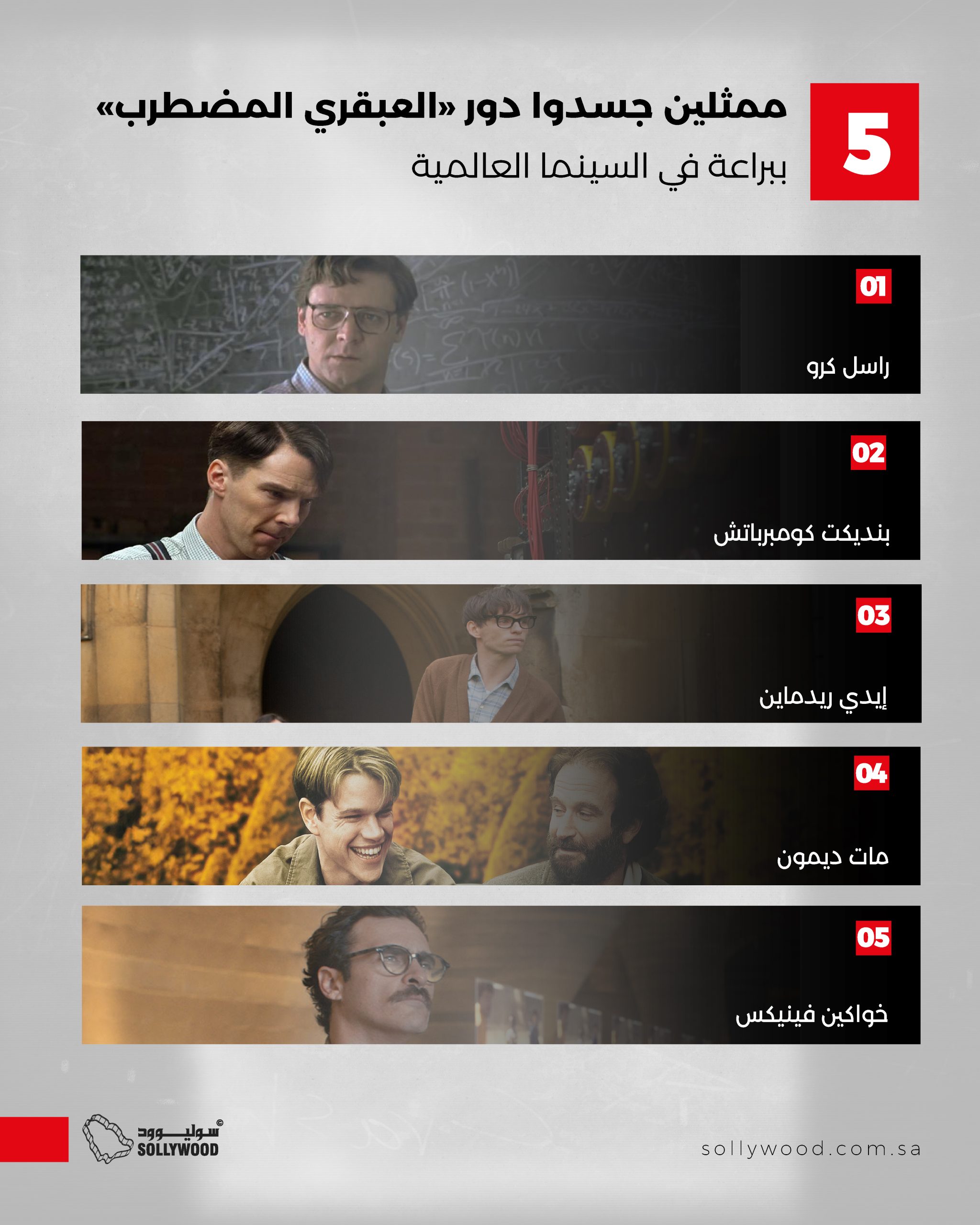 5 ممثلين برعوا في تجسيد دور «العبقري المضطرب» في السينما العالمية 5 ممثلين برعوا في تجسيد دور «العبقري المضطرب» في السينما العالمية