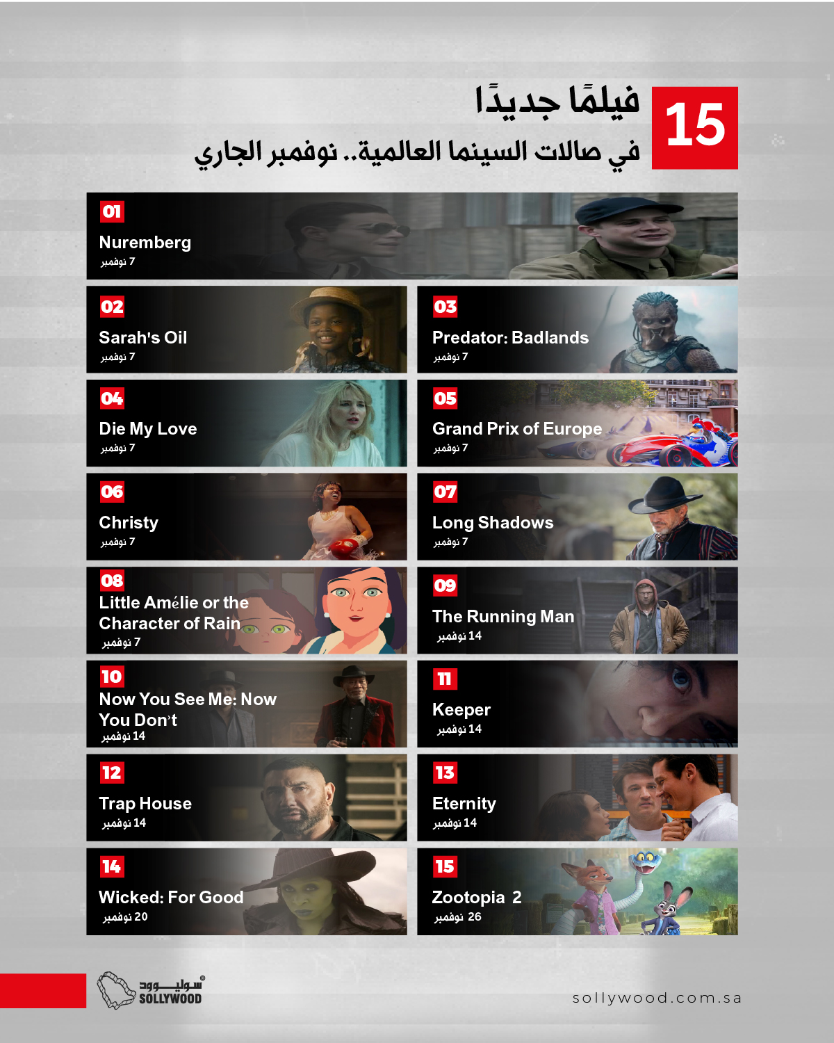 15 فيلمًا جديدًا في صالات السينما العالمية.. نوفمبر الجاري 15 فيلمًا جديدًا في صالات السينما العالمية.. نوفمبر الجاري