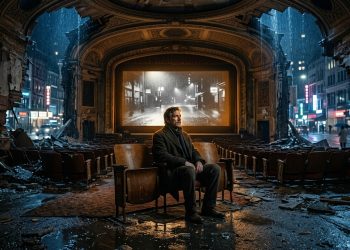 Man watching screen dissolving city 202605021355
