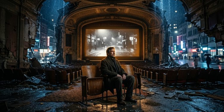 Man watching screen dissolving city 202605021355
