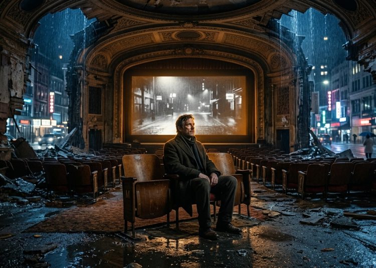 Man watching screen dissolving city 202605021355